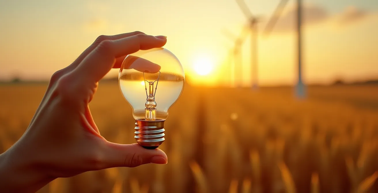 Main tenant une ampoule éteinte face à un champ d'éoliennes au coucher du soleil