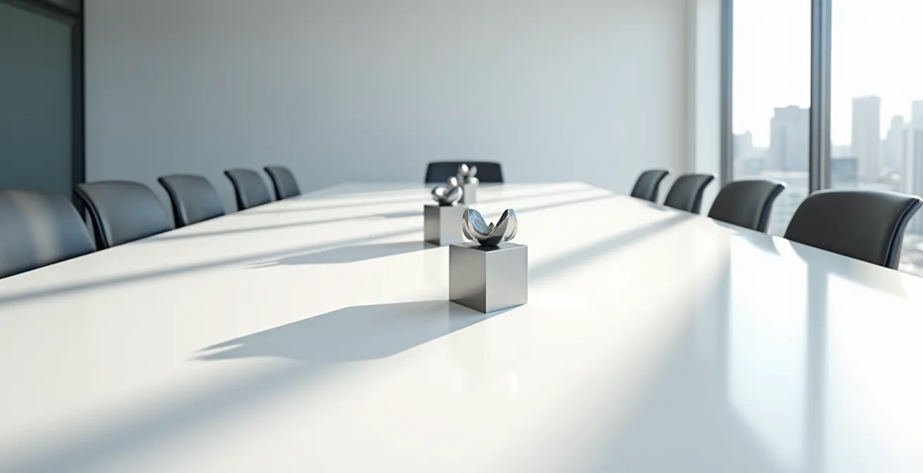 Espace de travail minimaliste avec éléments symbolisant la négociation énergétique