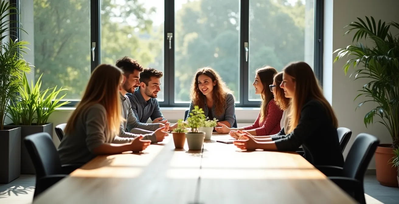 Équipe en réunion autour d'une table avec plantes vertes et lumière naturelle