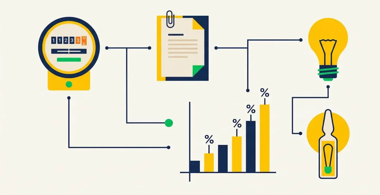 Icônes plates représentant la collecte de données et l'analyse de consommation énergétique.