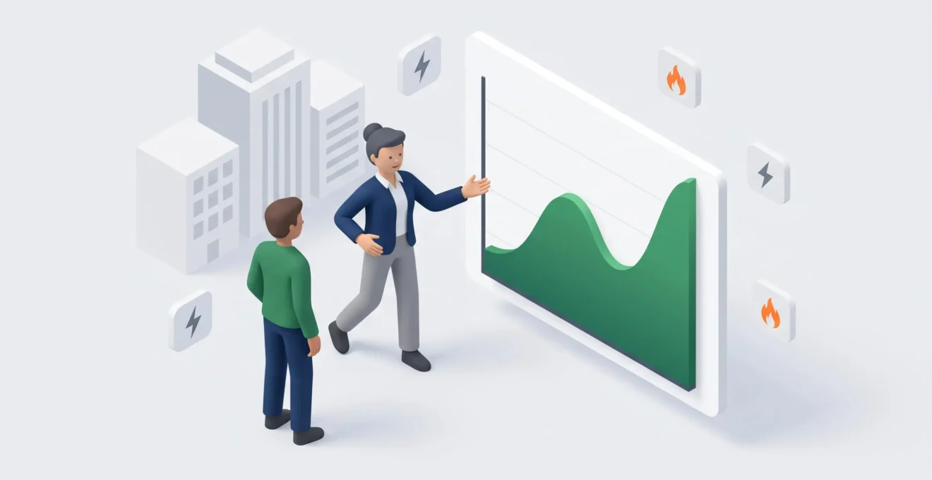 Illustration d'un courtier en énergie guidant un client vers l'optimisation de ses contrats.