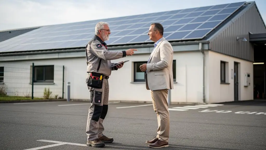 Consultant photovoltaïque indépendant expliquant des détails techniques à un responsable d'entreprise sur site devant une installation solaire