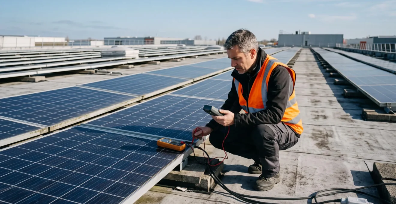 Expert indépendant inspectant une installation de panneaux solaires photovoltaïques sur toiture commerciale en France