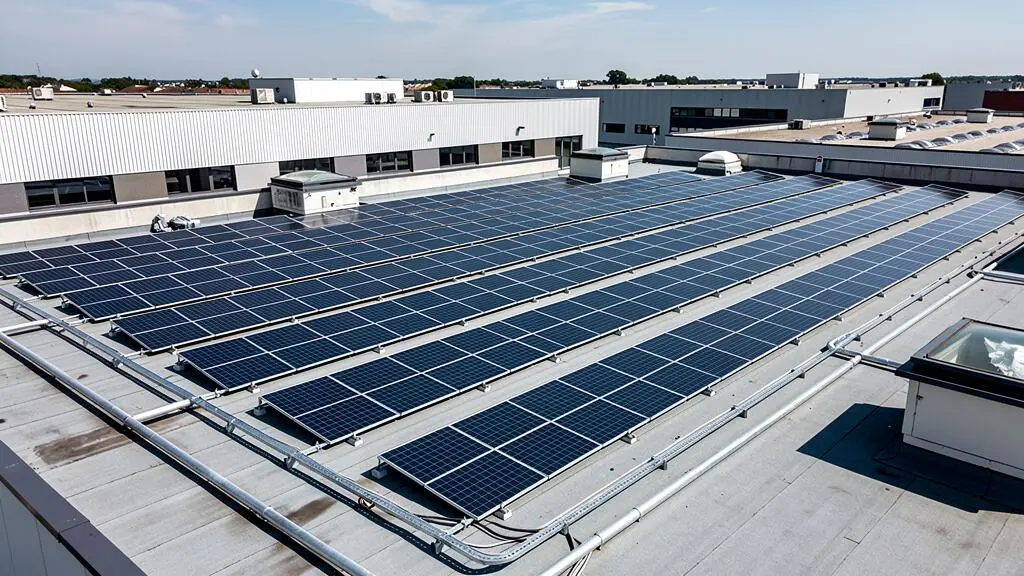 Vue d'ensemble d'une installation photovoltaïque commerciale bien dimensionnée avec rangées de panneaux solaires alignées sur toiture industrielle en France