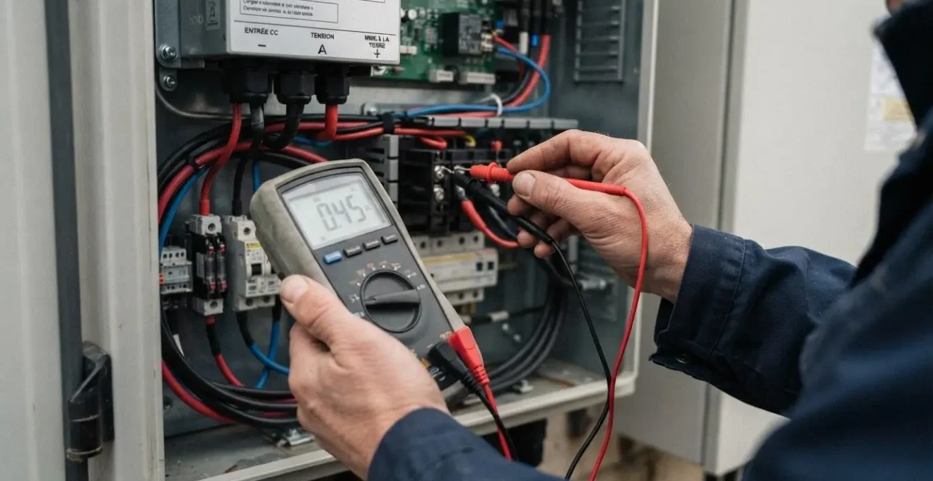 Gros plan sur les mains d'un expert utilisant un multimètre professionnel pour mesurer les performances électriques d'un onduleur photovoltaïque