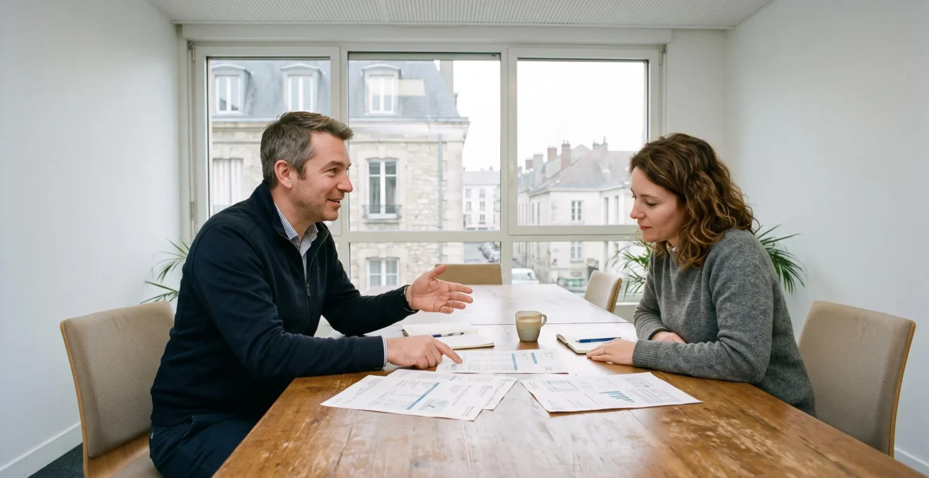Un courtier en énergie explique des contrats gaz et électricité à un dirigeant d'entreprise.