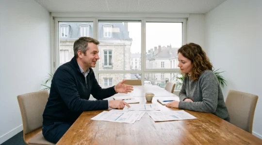 Un courtier en énergie explique des contrats gaz et électricité à un dirigeant d'entreprise.