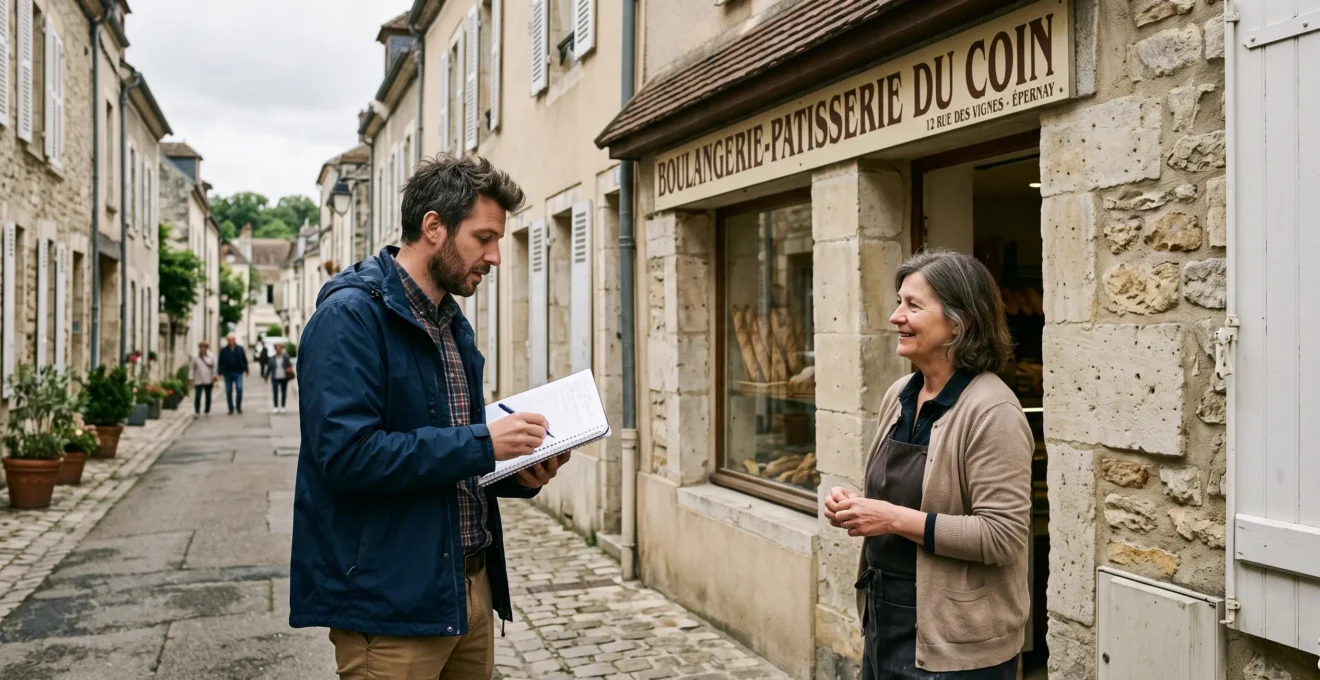 Un courtier échange avec un commerçant devant sa boutique dans une rue de la Marne.