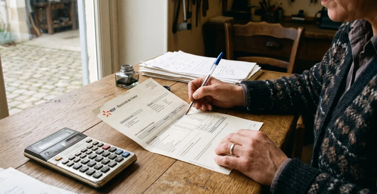 Un dirigeant examine une facture d'énergie avec une calculatrice sur son bureau.