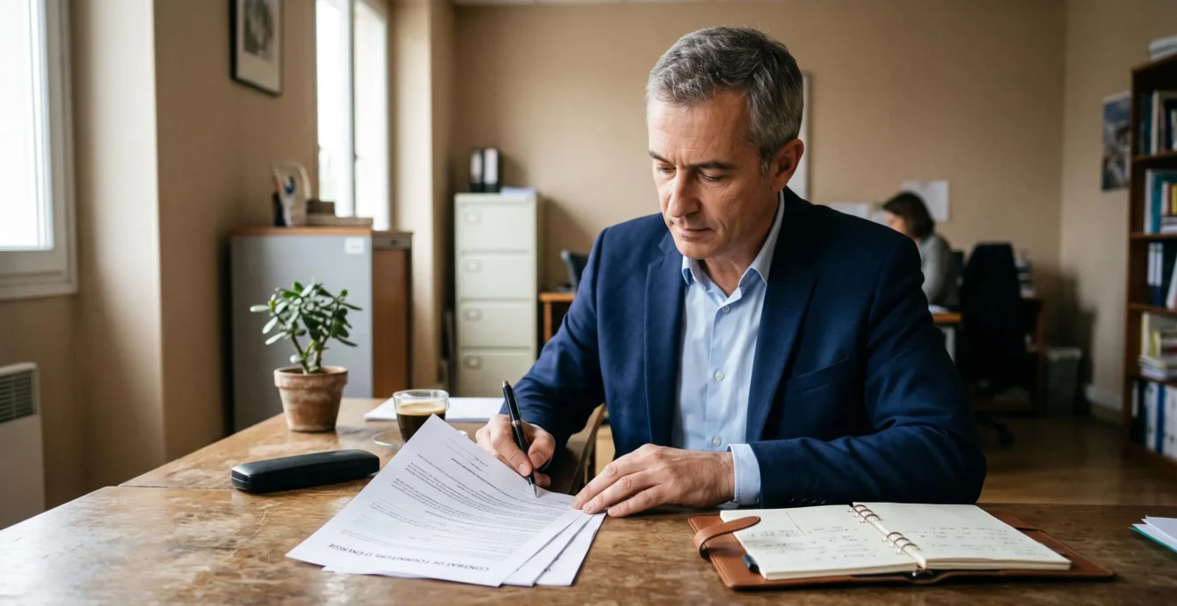 Un dirigeant signe un contrat d'énergie à son bureau dans une lumière naturelle.